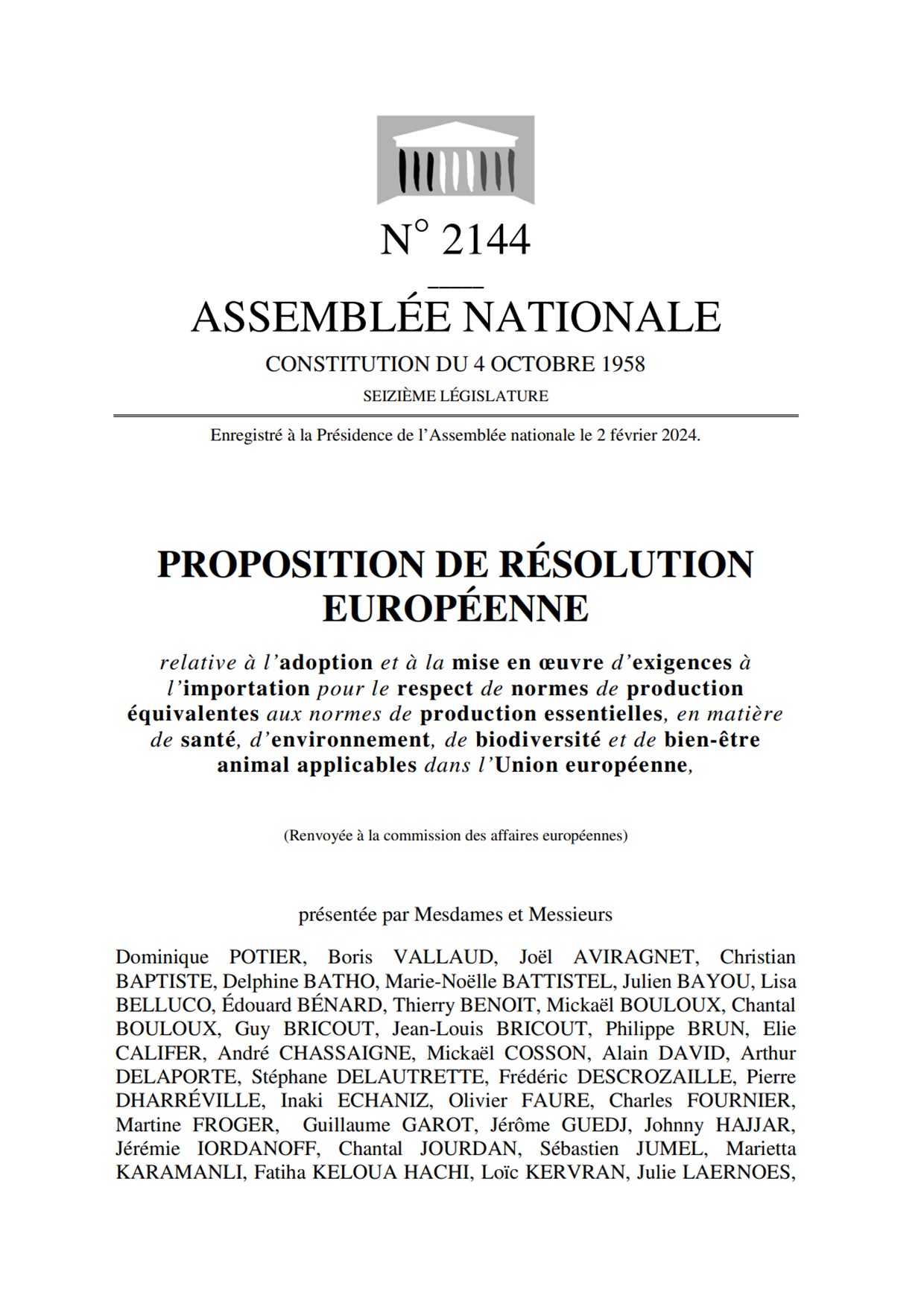 Résolution Européenne normes de production