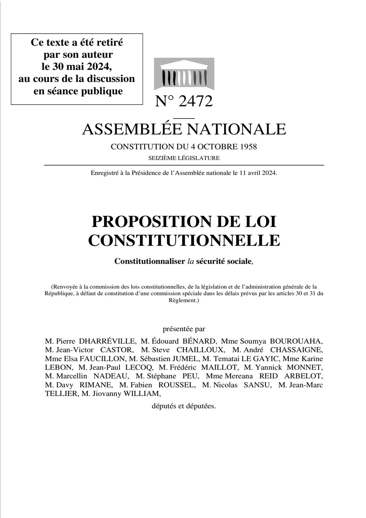 PPL Constitutionnaliser la Sécurité sociale