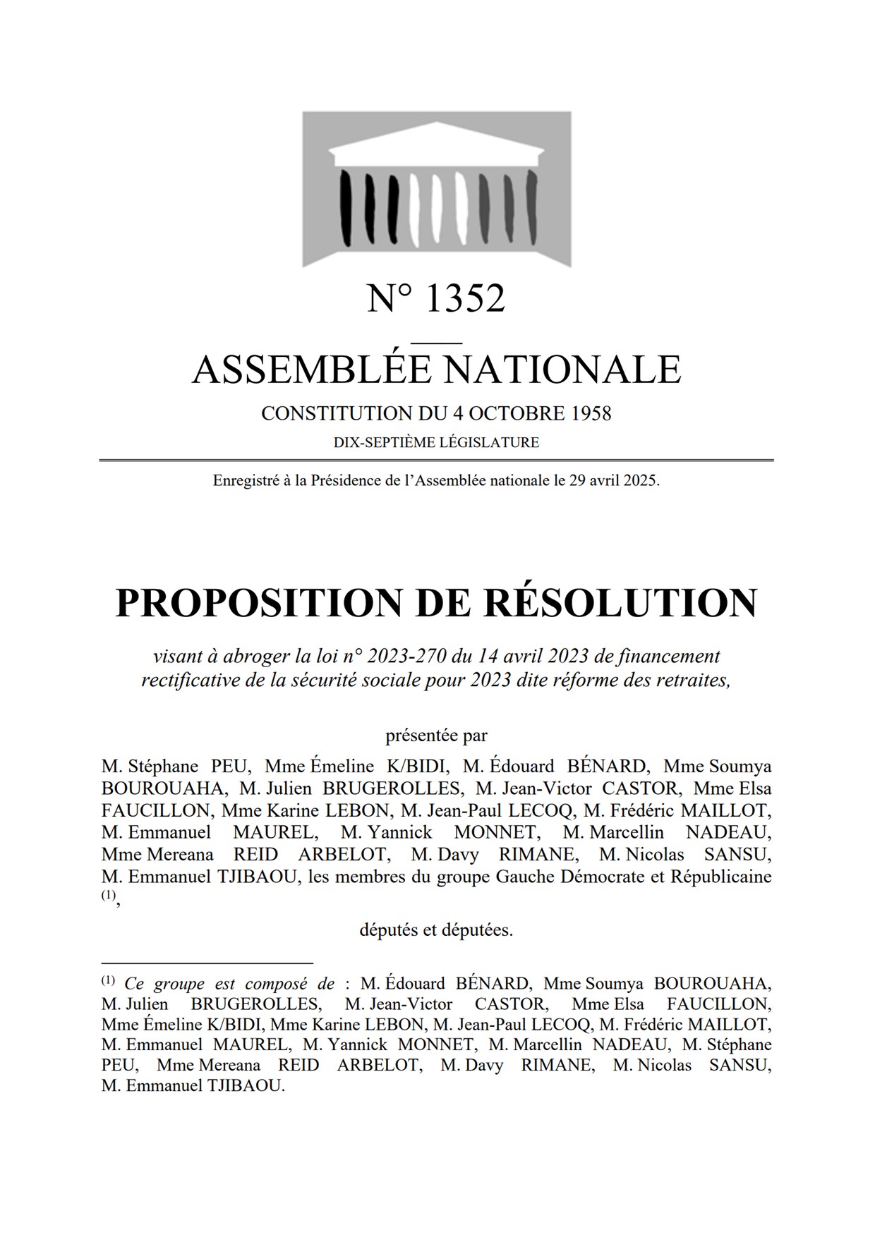 Proposition de Résolution pour l'abrogation de la réforme des retraites